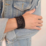 Men's Leather Bracelet Set Rudder Cross Life Tree Charm Wide Bangle