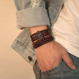 Men's Leather Bracelet Set Rudder Cross Life Tree Charm Wide Bangle