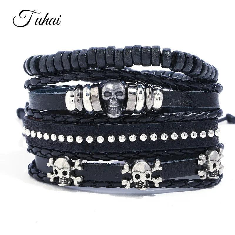4pcs Skull Charms Beads Men's Bracelet Braided Multilayer Leather Bracelet