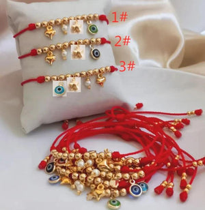 Colorful Evil Eye Pendant Bracelet, Gold Plated Beads, Adjustable Jewelry