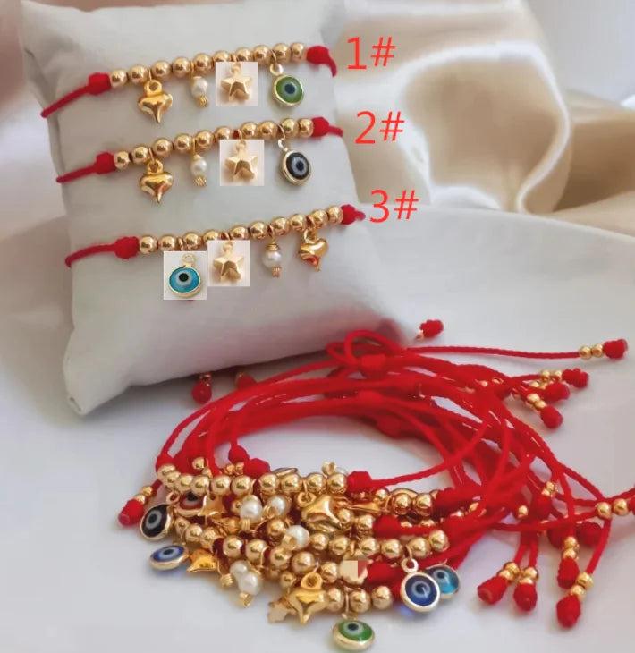 Colorful Evil Eye Pendant Bracelet, Gold Plated Beads, Adjustable Jewelry