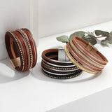 Boho Women Rivet Leather Bracelets Multi-layer Wrap Bangles