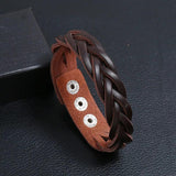 Brown Braided Leather Bracelet Men Punk Metal Button Wrap Wristband