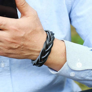 Brown Braided Leather Bracelet Men Punk Metal Button Wrap Wristband