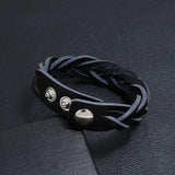 Brown Braided Leather Bracelet Men Punk Metal Button Wrap Wristband