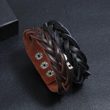 Brown Braided Leather Bracelet Men Punk Metal Button Wrap Wristband