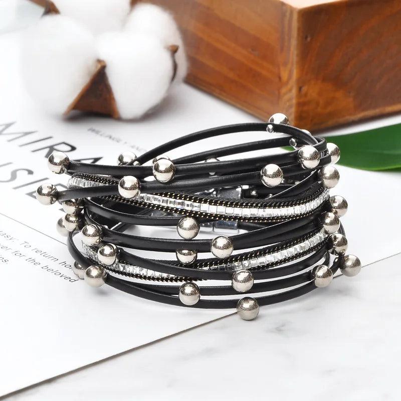 Korea Multi-Layered Leather Cord Rhinestone Bracelet Pearl Bangle Cuff