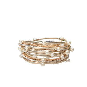 Korea Multi-Layered Leather Cord Rhinestone Bracelet Pearl Bangle Cuff