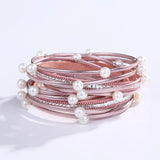 Korea Multi-Layered Leather Cord Rhinestone Bracelet Pearl Bangle Cuff