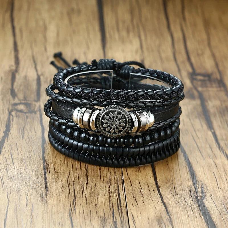 Men 4Pcs/ Set Leather Bracelets Her King Life Tree Charms Wristbands