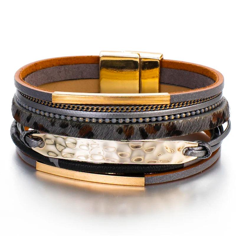 Leopard Leather Wrap Bracelet Metal Bar Wide Cuff Bangles for Girls