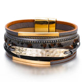 Leopard Leather Wrap Bracelet Metal Bar Wide Cuff Bangles for Girls