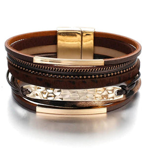 Leopard Leather Wrap Bracelet Metal Bar Wide Cuff Bangles for Girls