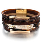 Leopard Leather Wrap Bracelet Metal Bar Wide Cuff Bangles for Girls