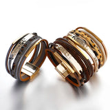 Leopard Leather Wrap Bracelet Metal Bar Wide Cuff Bangles for Girls