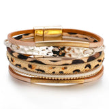 Leopard Leather Wrap Bracelet Metal Bar Wide Cuff Bangles for Girls