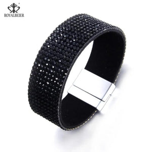 RoyalBeier Leather Crystal Wide Bracelet Bangle Metal Buckle Rhinestone Jewelry