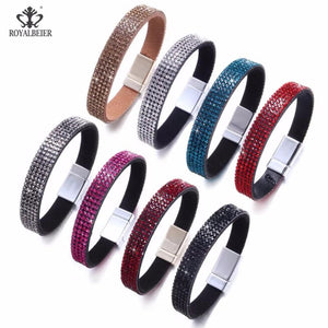 RoyalBeier Leather Crystal Wide Bracelet Bangle Metal Buckle Rhinestone Jewelry