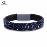 RoyalBeier Leather Crystal Wide Bracelet Bangle Metal Buckle Rhinestone Jewelry