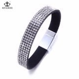 RoyalBeier Leather Crystal Wide Bracelet Bangle Metal Buckle Rhinestone Jewelry
