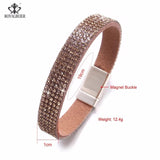RoyalBeier Leather Crystal Wide Bracelet Bangle Metal Buckle Rhinestone Jewelry