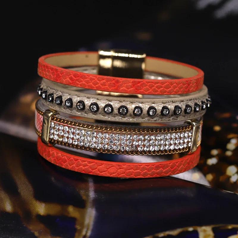 Leather Crystal Charm Bracelet Bohemian Multilayer Wide Wrap Bracelets
