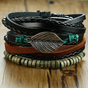 Men's Leather Beads Chain Wrap Bracelet Set