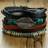Men's Leather Beads Chain Wrap Bracelet Set