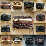 Men's Leather Beads Chain Wrap Bracelet Set