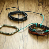 Men's Leather Beads Chain Wrap Bracelet Set
