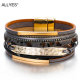 Leopard Leather Bracelet Metal Bar Charm Multilayer Wide Wrap Bangles