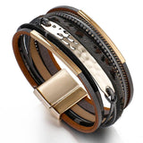 Leopard Leather Bracelet Metal Bar Charm Multilayer Wide Wrap Bangles