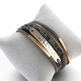Leopard Leather Bracelet Metal Bar Charm Multilayer Wide Wrap Bangles