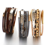 Leopard Leather Bracelet Metal Bar Charm Multilayer Wide Wrap Bangles