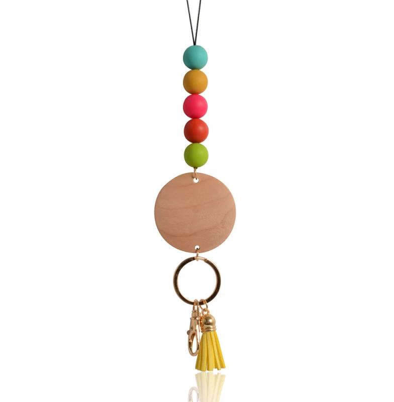 Rainbery Wooden Disc Lanyard Silicone Beads ID Holder Keyrings