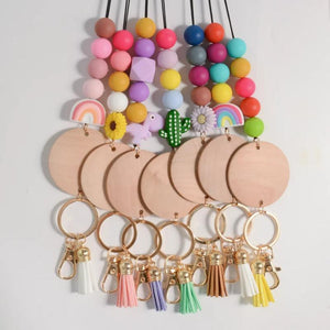 Rainbery Wooden Disc Lanyard Silicone Beads ID Holder Keyrings