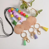 Rainbery Wooden Disc Lanyard Silicone Beads ID Holder Keyrings