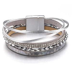 Slim Rope Leather Bracelets Crystal Beads Wide Multilayer Bracelet