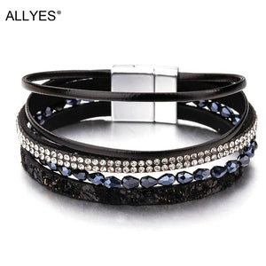 Slim Rope Leather Bracelets Crystal Beads Wide Multilayer Bracelet