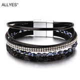 Slim Rope Leather Bracelets Crystal Beads Wide Multilayer Bracelet