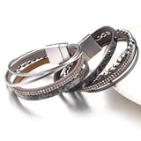 Slim Rope Leather Bracelets Crystal Beads Wide Multilayer Bracelet