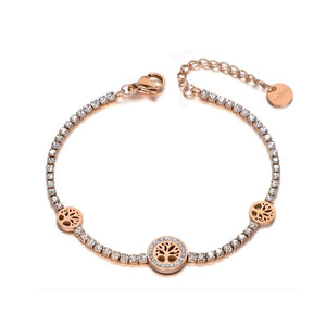 Rhinestone Love Tree Charm Bracelet Stainless Steel CZ Crystal Link Chain