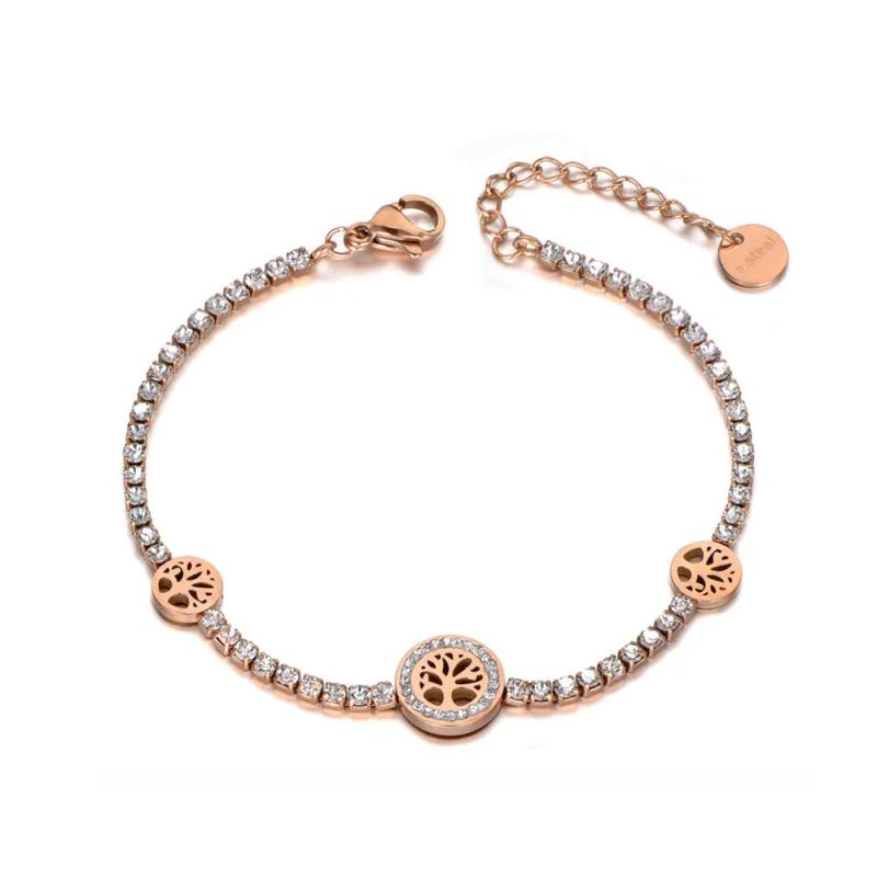 Rhinestone Love Tree Charm Bracelet Stainless Steel CZ Crystal Link Chain