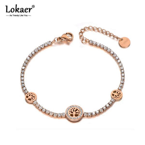 Rhinestone Love Tree Charm Bracelet Stainless Steel CZ Crystal Link Chain