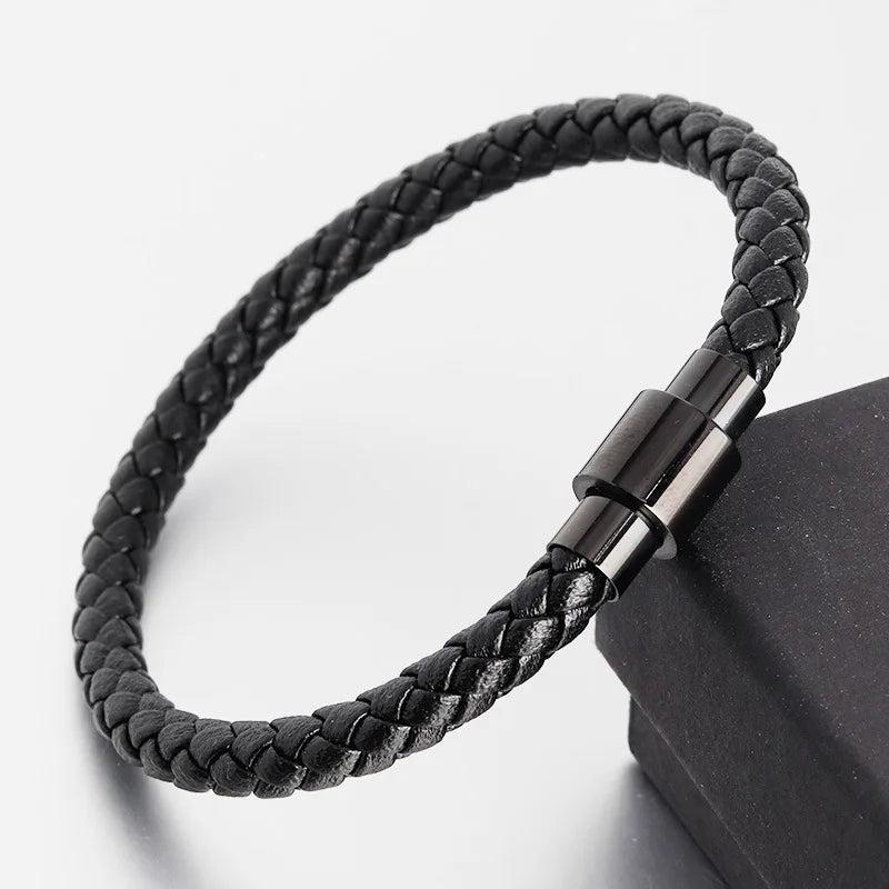 Braided Leather Men Bracelet Stainless Steel Clasp 3 Colors