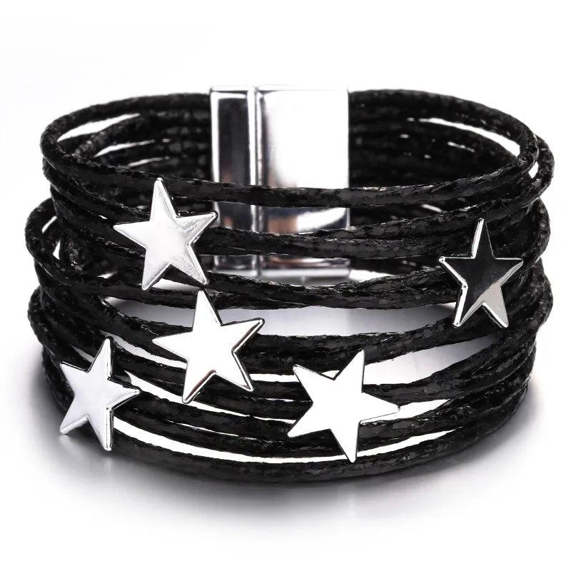 Boho Leather Bracelet with Pentagram Charm