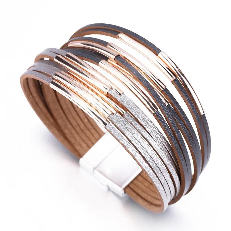 Retro Leather Wrap Bracelets Metal Pipe Bracelets Boho Wide Bracelet Femme