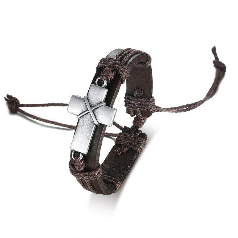 Cross Leather Bracelet Antique Silver Sideways Cross Bracelet For Men