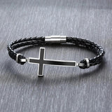 Cross Leather Bracelet Antique Silver Sideways Cross Bracelet For Men