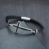 Cross Leather Bracelet Antique Silver Sideways Cross Bracelet For Men